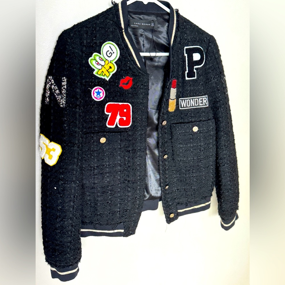 Zara Black Textured Varsity Jacket with Colorful Patches